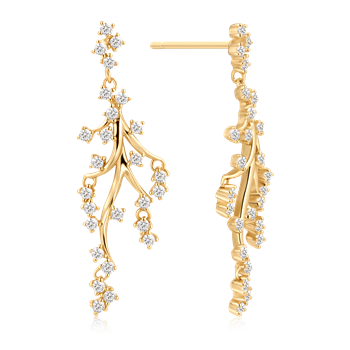 Sølvforgyldte ørehængere med forgrenet design, blomsterdetaljer og små sten langs grenene.