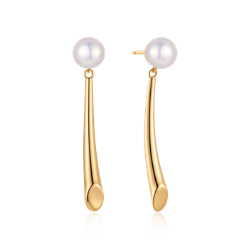 Sølvforgyldt ørehænger med perle, lang gylden stang og oval afslutning fra Støvring Design.