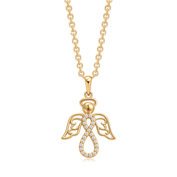 Sølvforgyldt halskæde med englevedhæng, detaljerede vinger og små sten i krop og vinger.