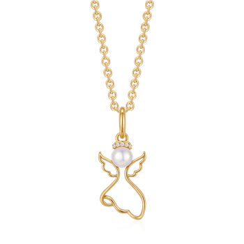 Sølvforgyldt halskæde med engleformet vedhæng, perlehoved og små sten som glorie.