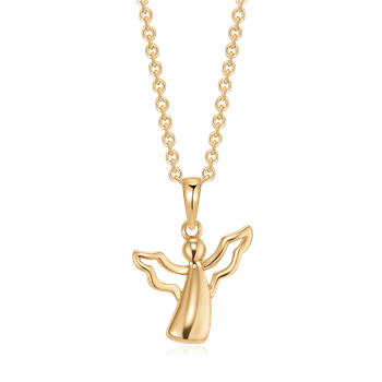 Sølvforgyldt halskæde med englevedhæng, vinger og rund hovedform, ovale led i kæden.