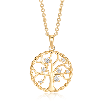 Sølvforgyldt halskæde med træformet vedhæng og indlagte sten fra Støvring Design.