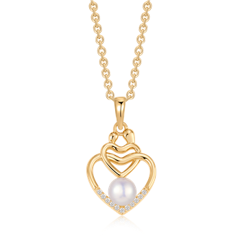 Sølvforgyldt halskæde med hjertevedhæng, perle i midten og små sten i bunden.