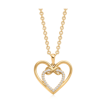 Sølvforgyldt halskæde med hjertevedhæng, infinity-design og små sten. Enkel kæde.