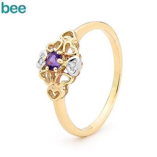 Image of Multi hjerte 9 kt guld ring med Ametyst og diamanter