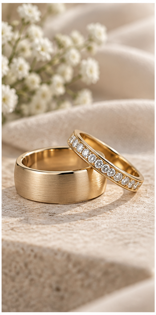 Vielsesringe med diamanter i den ene ring