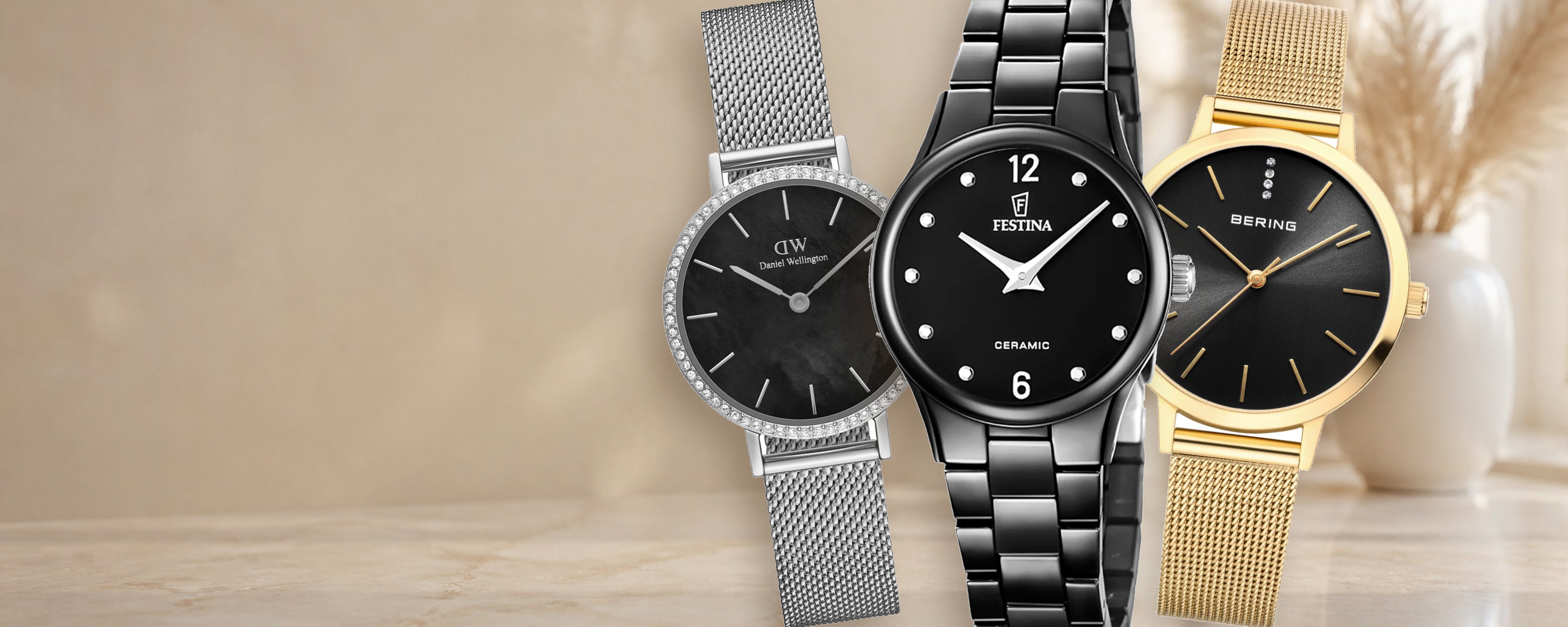 Sorte dameure fra Daniel Wellington, Festina og Bering hos Guldsmykket.dk