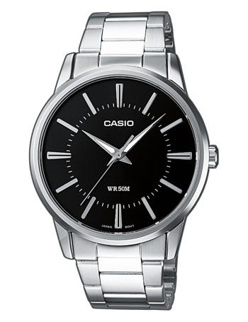 Casio ur med sølvmetallænke, sort urskive, sølvmarkører og "WR 50M" vandtæthed.