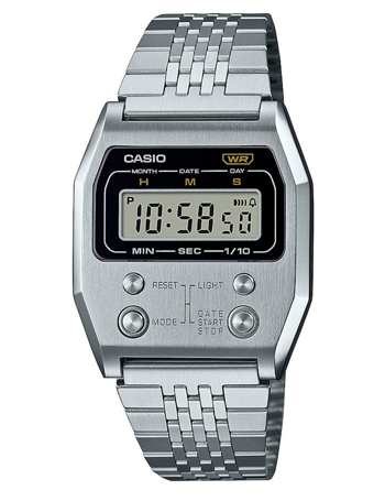 Casio digitalur med rektangulær skærm, metalhus, fire knapper og metal lænke.