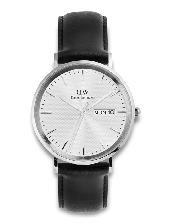 Daniel Wellington ur med hvid urskive, sorte markeringer, sort læderrem og dag-dato visning.