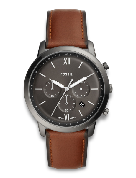 Fossil Neutra Quartz ur FS5512 med mørkegrå urskive, kronograf subskiver og brun læderrem.