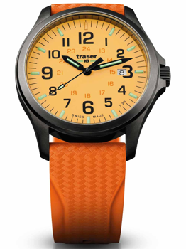 Ur med orange rem, gul urskive, store tal, datovisning kl. 3, luminøse visere og timeindikatorer.