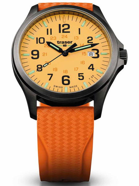 Ur med orange rem, gul urskive, store tal, datovisning kl. 3, luminøse visere og timeindikatorer.