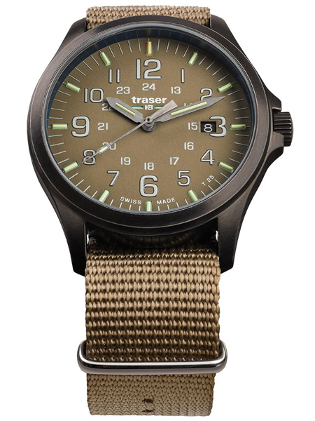 Armbåndsur med khaki urskive og rem, 12/24-timers format, datovisning ved 3, "Swiss Made".