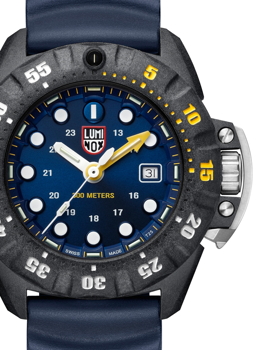 Blåt Luminox ur med gule markeringer, datovisning kl. 3, vandtæthed på 500m, sort urkrans.