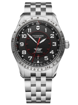 Victorinox Airboss ur med sort urskive, metalrem og tydelige tal i 12- og 24-timers format.
