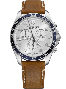 Victorinox ur med brun læderrem, sølv urskive, tachymeter og tre subskiver.