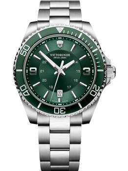 Ur med grøn urskive, grøn bezel, dato ved kl. 6 og metal armbånd.