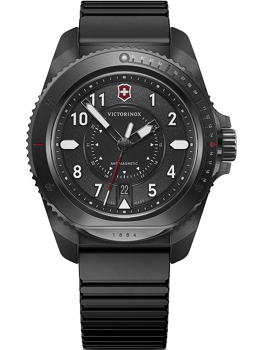 Sort Victorinox ur med store tal, roterende bezel, og dato ved kl. 6. Robust design med sort rem.