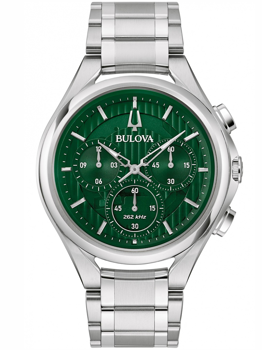 Bulova 96A297 herreur med grøn urskive, tre subdials, metalarmbånd og "262 kHz" tekst.