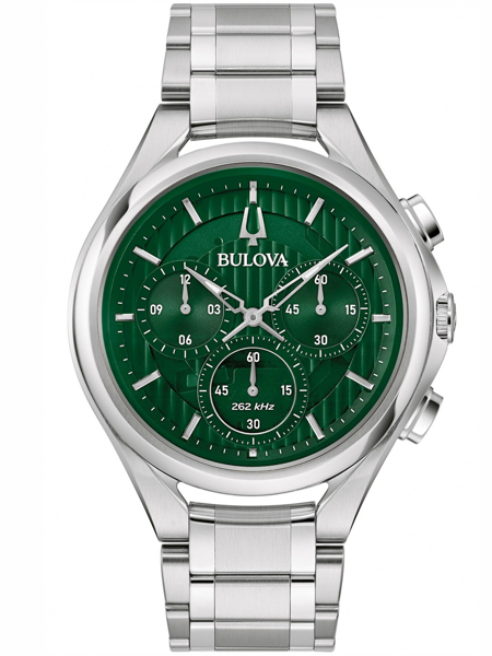Bulova 96A297 herreur med grøn urskive, tre subdials, metalarmbånd og "262 kHz" tekst.