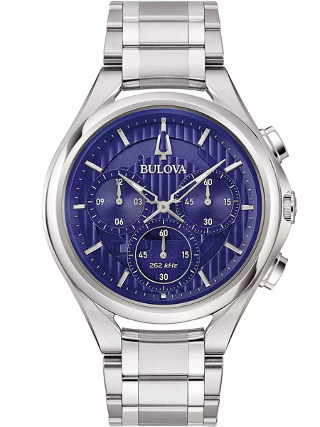 Bulova armbåndsur med blå urskive, tre subdials, metalrem, "Bulova" og "262 kHz" tekst.