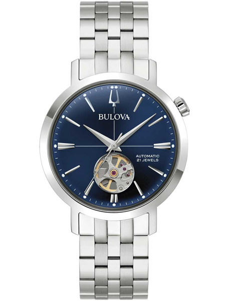 Bulova ur med blå urskive, delvist synligt urværk, automatisk 21 juveler og metalarmbånd.