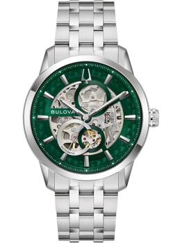 Åbent urværk med grøn urskive, tydelige indikatorer og metalarmbånd.