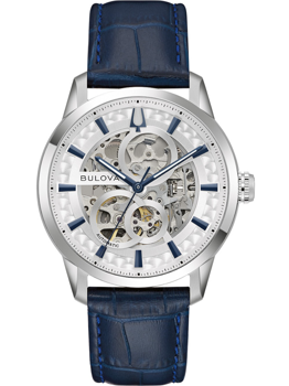 Bulova ur med skeletdesign, synlige tandhjul, blå rem, visere og markeringer.