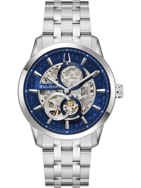 Bulova 96A331 ur med skeletdesign, blå kant og metallænke.