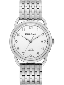 Bulova 96B326 Commodore ur med arabertal, datovisning kl. 3, automatisk værk og metallisk rem.