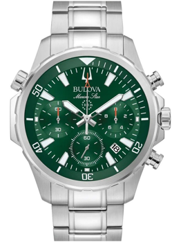 Bulova herreur med grøn urskive, metalrem, chronograph funktion og vandtæthed 100m.