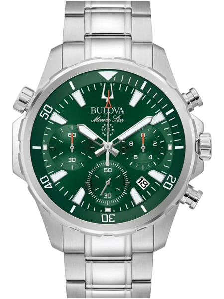 Bulova herreur med grøn urskive, metalrem, chronograph funktion og vandtæthed 100m.