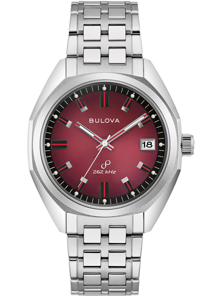 Bulova herreur med rød urskive, sølv armbånd, dato ved 3, teksten "BULOVA" og "262 kHz".