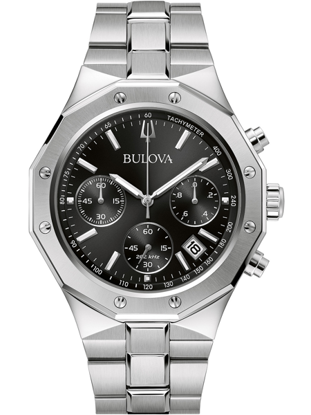 Bulova herreur med metalarmbånd, sort skive, tachymeter, kronograf og datovisning ved "4".