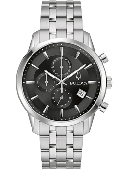 Bulova herreur med sort skive, tre sub-dials, datovisning kl. 4 og metalarmbånd i led-design.