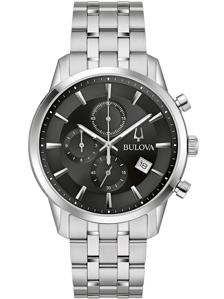 Bulova herreur med sort skive, tre sub-dials, datovisning kl. 4 og metalarmbånd i led-design.