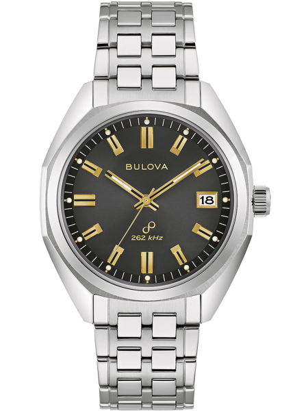 Bulova ur med stållænke, mørk skive, guldtoner, dato kl. 3, "262 kHz" angivet.
