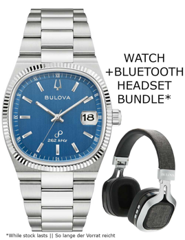 Bulova herreur med blå urskive og metalarmbånd. Bluetooth-headset ved siden af, pakketilbud.