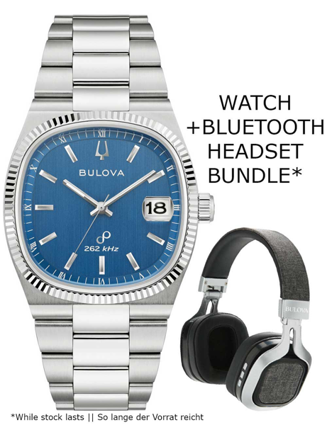 Bulova herreur med blå urskive og metalarmbånd. Bluetooth-headset ved siden af, pakketilbud.