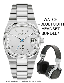Bulova herreur 96B444 med sølvurskive og headset. Tekst: "262 kHz". Bundttilbud med headset.