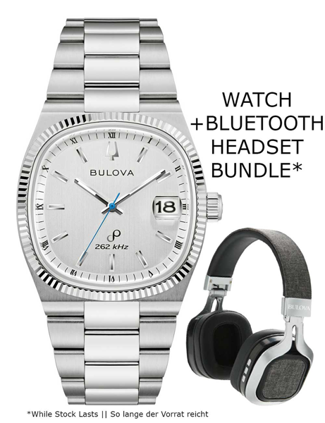 Bulova herreur 96B444 med sølvurskive og headset. Tekst: "262 kHz". Bundttilbud med headset.