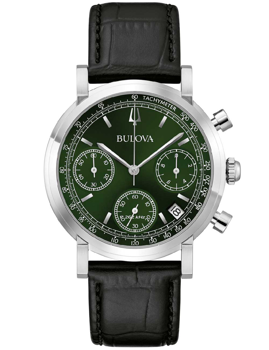 Bulova herreur med grøn urskive, tre subskiver, sort læderrem, sølv urkasse og tachymeter.