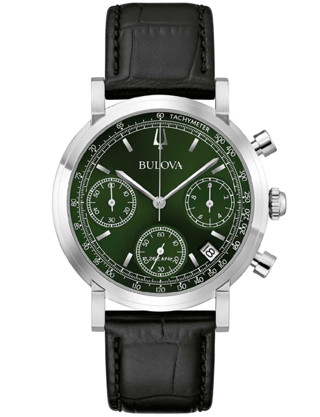 Bulova herreur med grøn urskive, tre subskiver, sort læderrem, sølv urkasse og tachymeter.