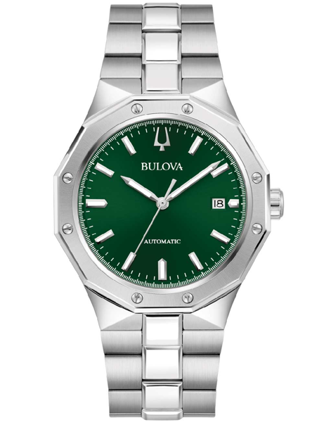 Bulova herreur med grøn urskive, sølvmarkører, ottekantet urkasse og datovisning kl. 3.