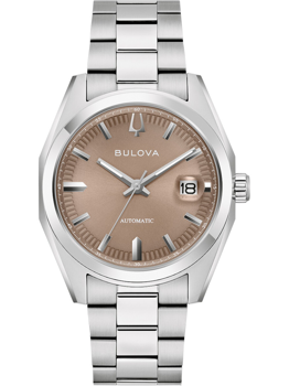 Bulova herreur med brun urskive, sølvmarkeringer og datovindue kl. 3, metalrem.