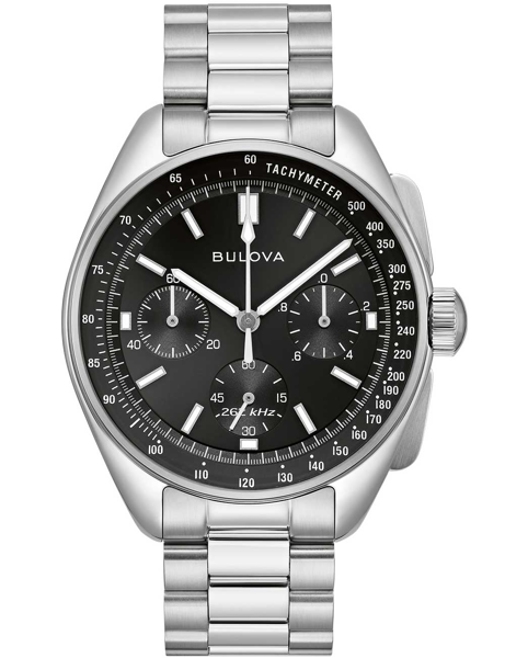 Bulova herreur med mørk urskive, tre underurskiver, tachymeter og teksten "262 kHz".