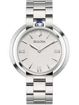 Elegant Bulova-ur med sølvrem, rund urskive, romertal og blå sten på kronen.