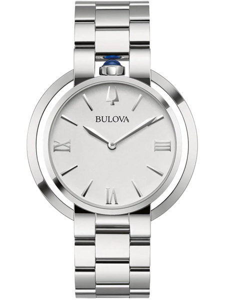Elegant Bulova-ur med sølvrem, rund urskive, romertal og blå sten på kronen.