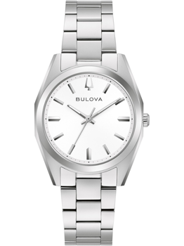 Bulova dameur med hvid skive, metalrem og minimalistiske markører. Elegant og poleret design.